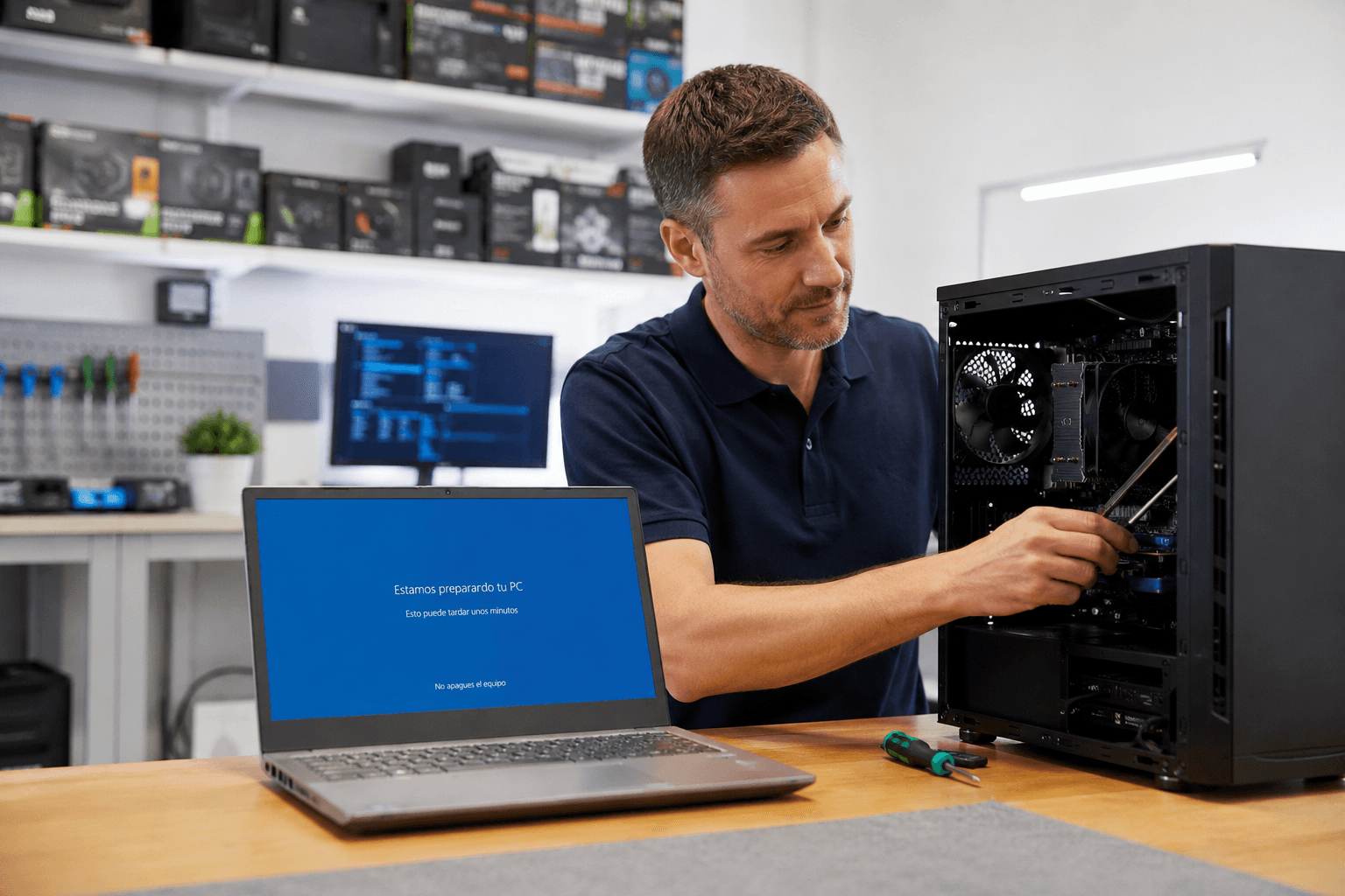 Técnico preparando un ordenador nuevo en el taller de PCBOX