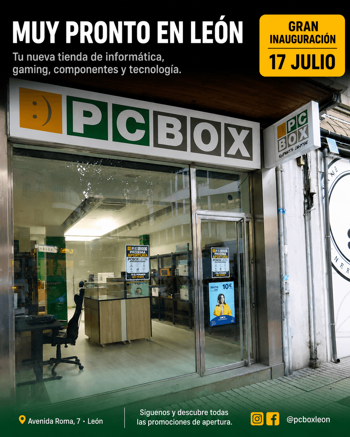 Escaparate de la nueva tienda PCBOX León, próxima apertura el 17 de julio